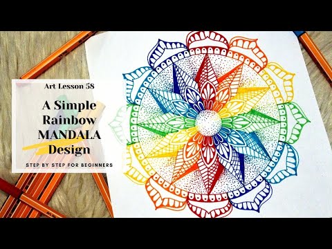 How to draw a simple Rainbow Mandala Design (Art Lesson 58)