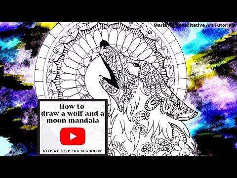 How to draw a Wolf Mandala &amp; Paint a watercolor background /Beginners/ Animal Zentangle#8 /
