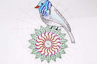 this is the image of a bird standing on a flower mandala