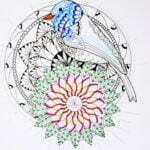 this is the image of a bird with two mandalas in the back