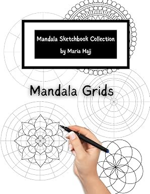 Mandala Grid Sketchbook featuring pre-drawn mandala grids and a hand drawing a floral mandala with a fine liner.