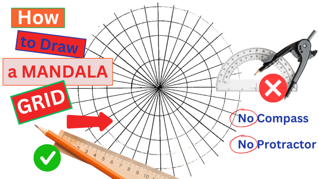 this image is the cover of a mandala tutorial showing a mandala grid, a compass and a protractor on the right side with an X sign, a ruler and a pencil on the left with a check sign