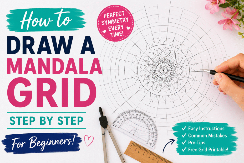 Step-by-step illustration showing how to draw a mandala grid with a pencil, compass, ruler, and protractor on white paper.