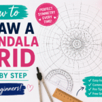 Step-by-step illustration showing how to draw a mandala grid with a pencil, compass, ruler, and protractor on white paper.