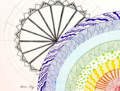 this is the image of a rainbow zentangle and a sun mandala behind it