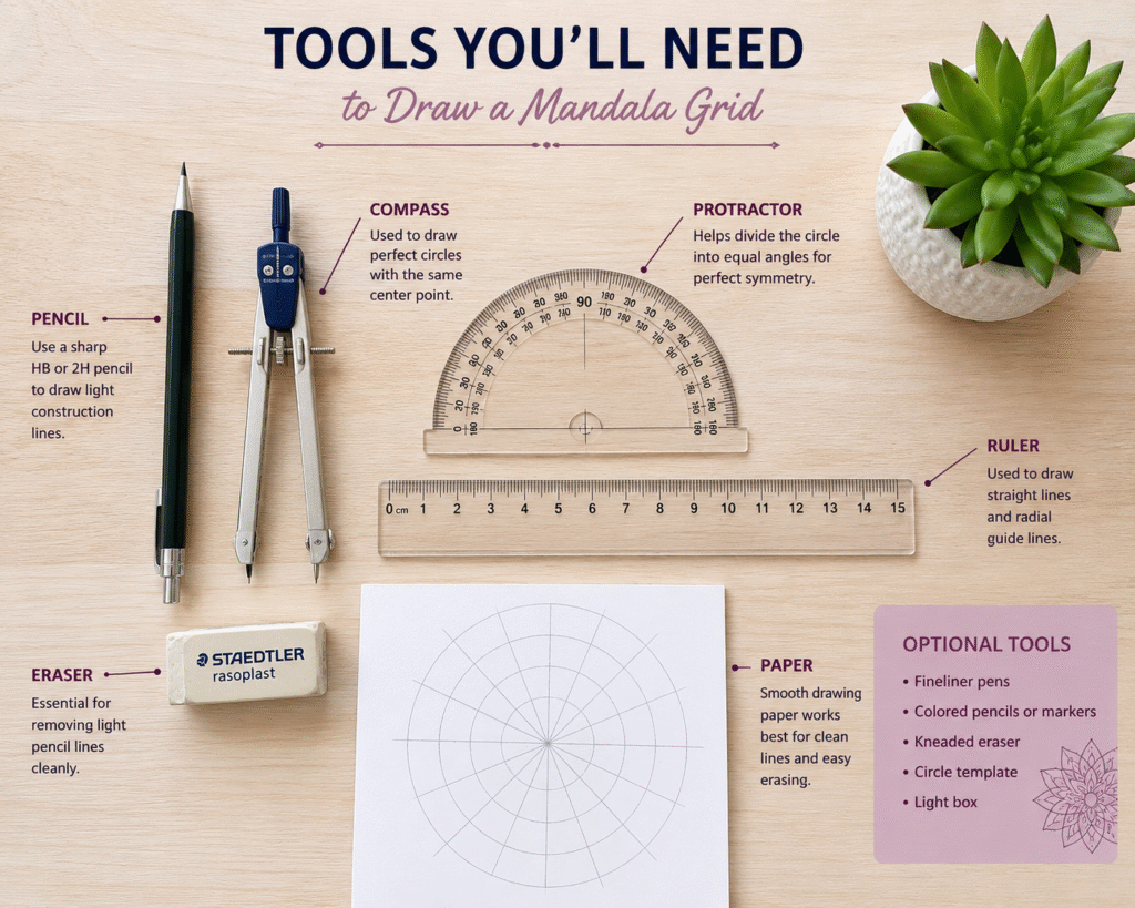 Essential tools for drawing a mandala grid, including a pencil, compass, protractor, ruler, eraser, and drawing paper arranged on a wooden surface.