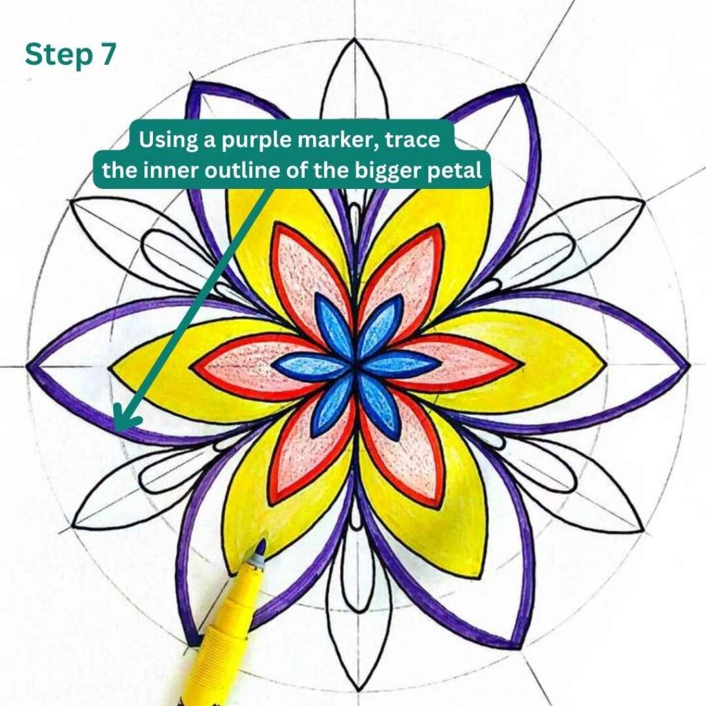 an image showing how to color a basic mandala flower