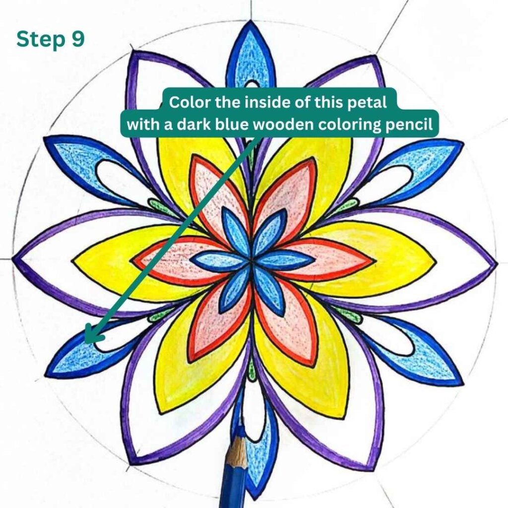 an image showing how to color a basic mandala flower