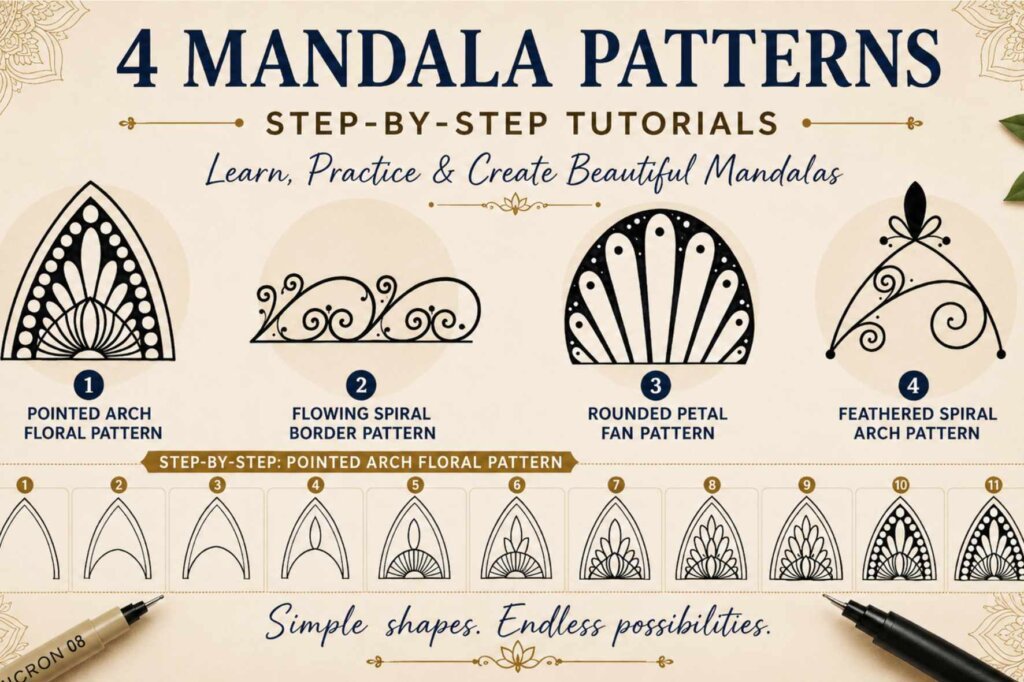 Featured image showing four mandala patterns with a step-by-step pointed arch floral pattern tutorial, drawing pens, and decorative mandala details.