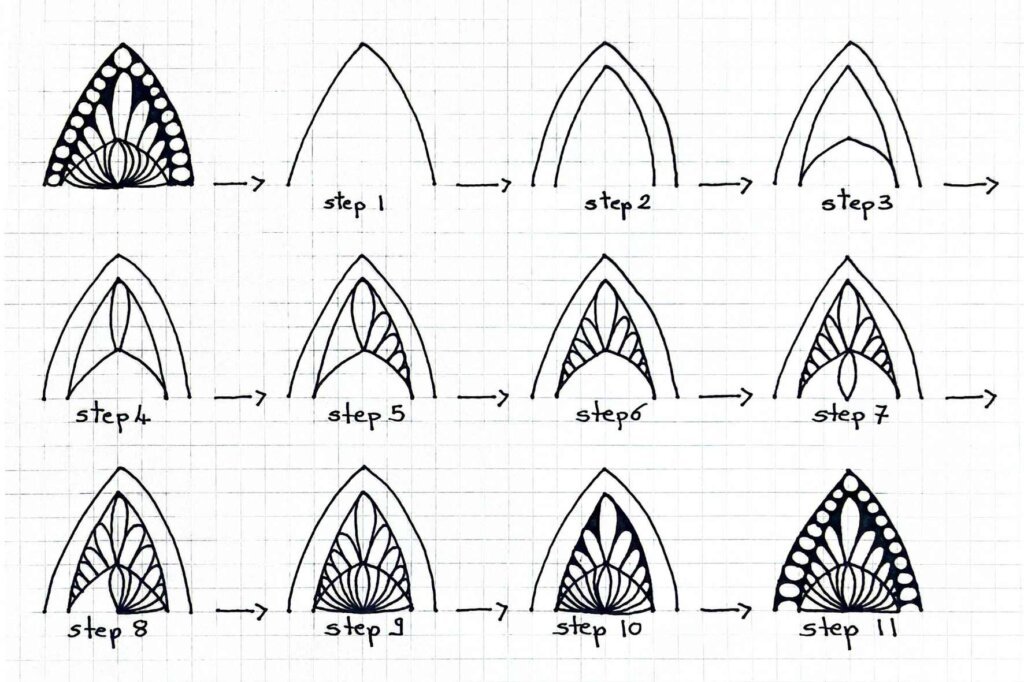 Step-by-step pointed arch mandala pattern tutorial showing eleven stages of drawing floral petals, shell details, and a dotted border.