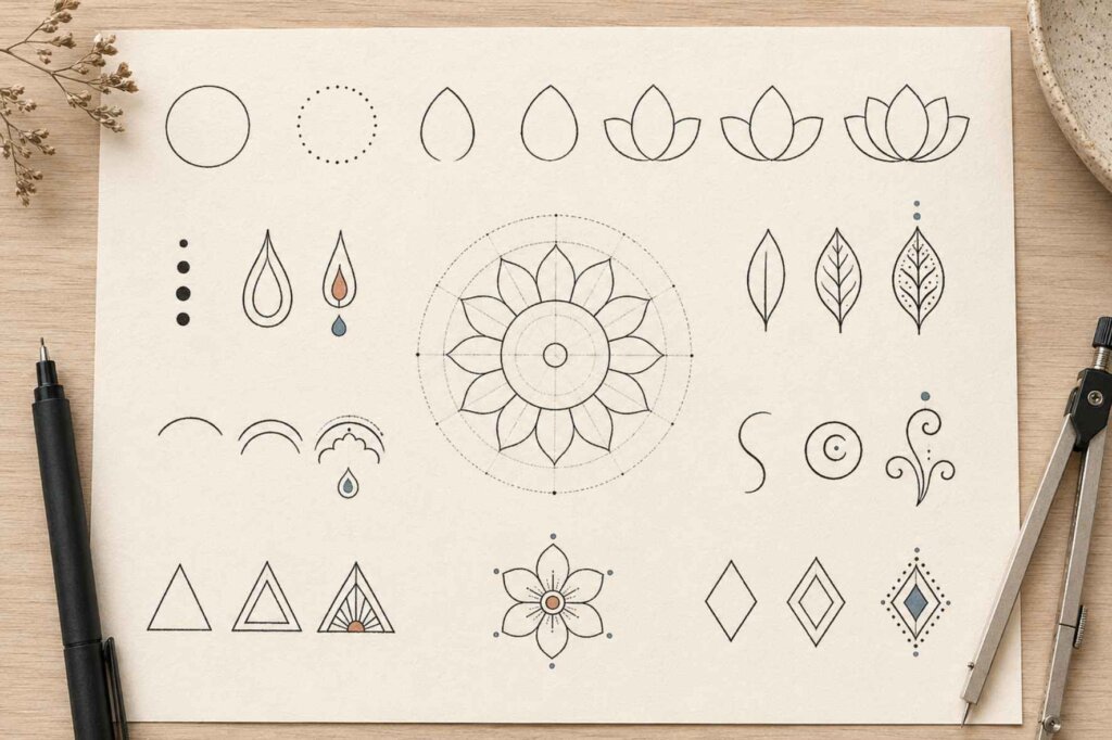 Mandala basic shapes including circles, petals, teardrops, leaves, arches, spirals, and geometric motifs.
