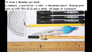 this is the image of materials needed to draw a mandala it features drawing pens, protractor, compass, ruler and pencil