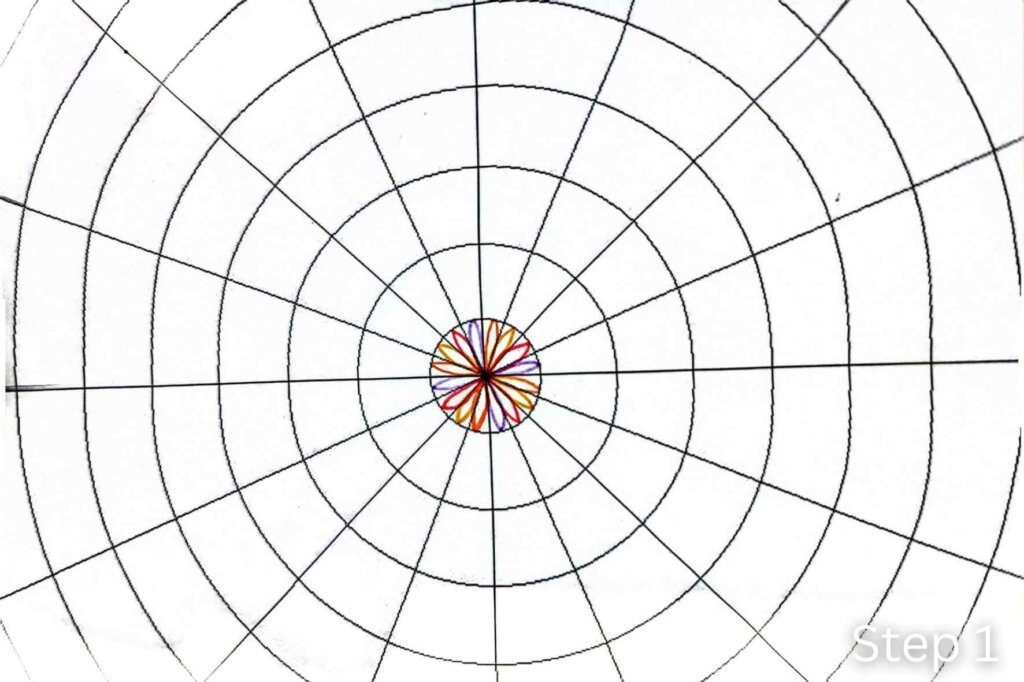 The first step of a twisted mandala tutorial showing the center flower drawn inside the smallest circle of a geometric mandala grid.
