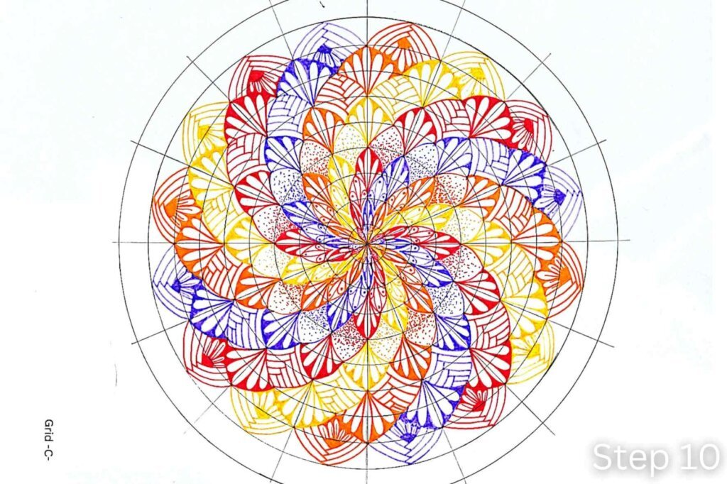 Step 10 of a twisted mandala tutorial showing petals decorated with alternating double outlines and a half-daisy motif.