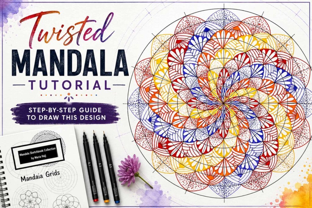 Featured image for a step-by-step twisted mandala tutorial showing a colorful hand-drawn twisted mandala, fine liner pens, and a mandala grid sketchbook.