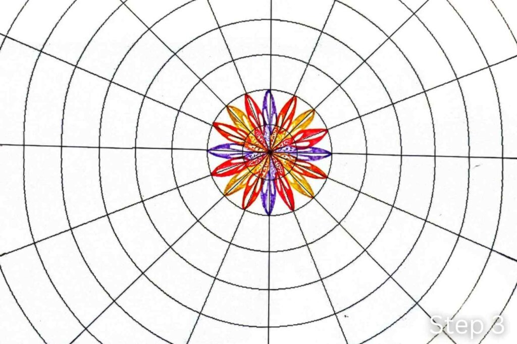 Step 3 of a twisted mandala tutorial showing a second ring of colorful petals decorated with three reversed teardrops.