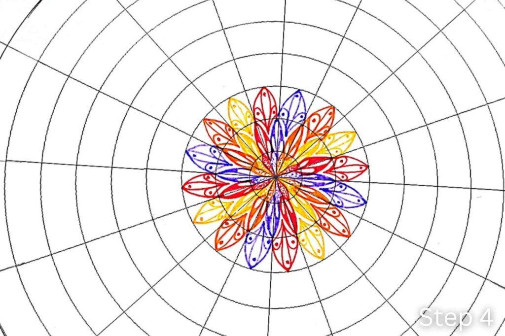 Step 4 of a twisted mandala tutorial showing a third ring of petals decorated with reversed teardrops and dots.