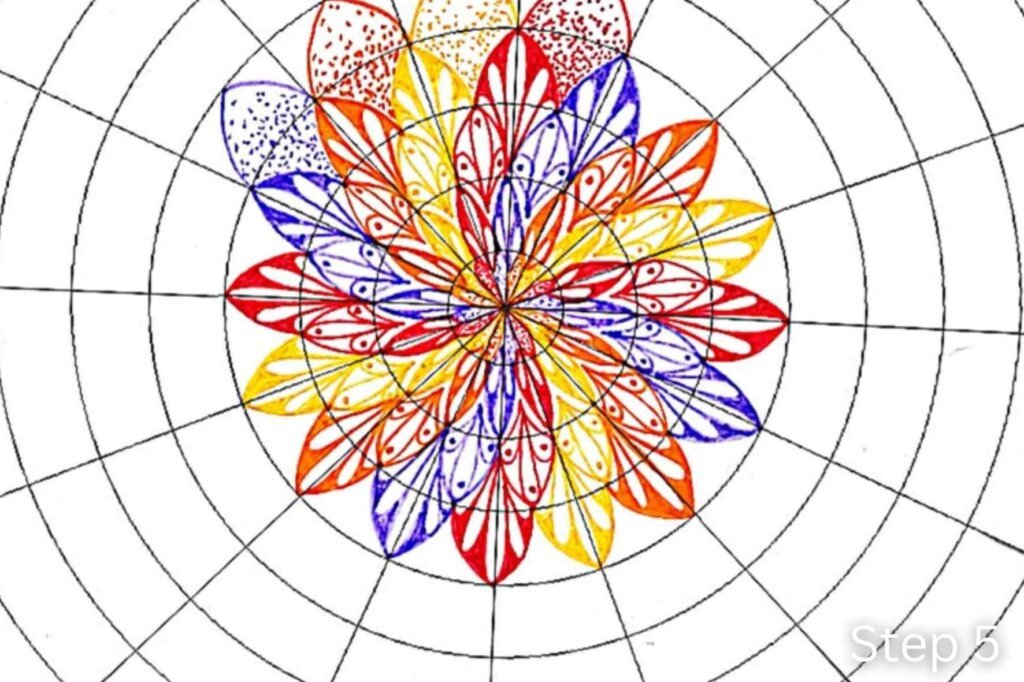 Step 5 of a twisted mandala tutorial showing a fourth ring of petals decorated with reversed teardrops and dots.
