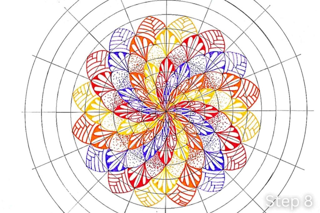 Step 8 of a twisted mandala tutorial showing petals decorated with alternating double curved lines.