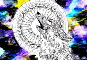 this is the image of a wolf with a mandala in the back and watercolor background