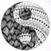 this is the image of a yin yang with a mandala on one side and tangles on the other side