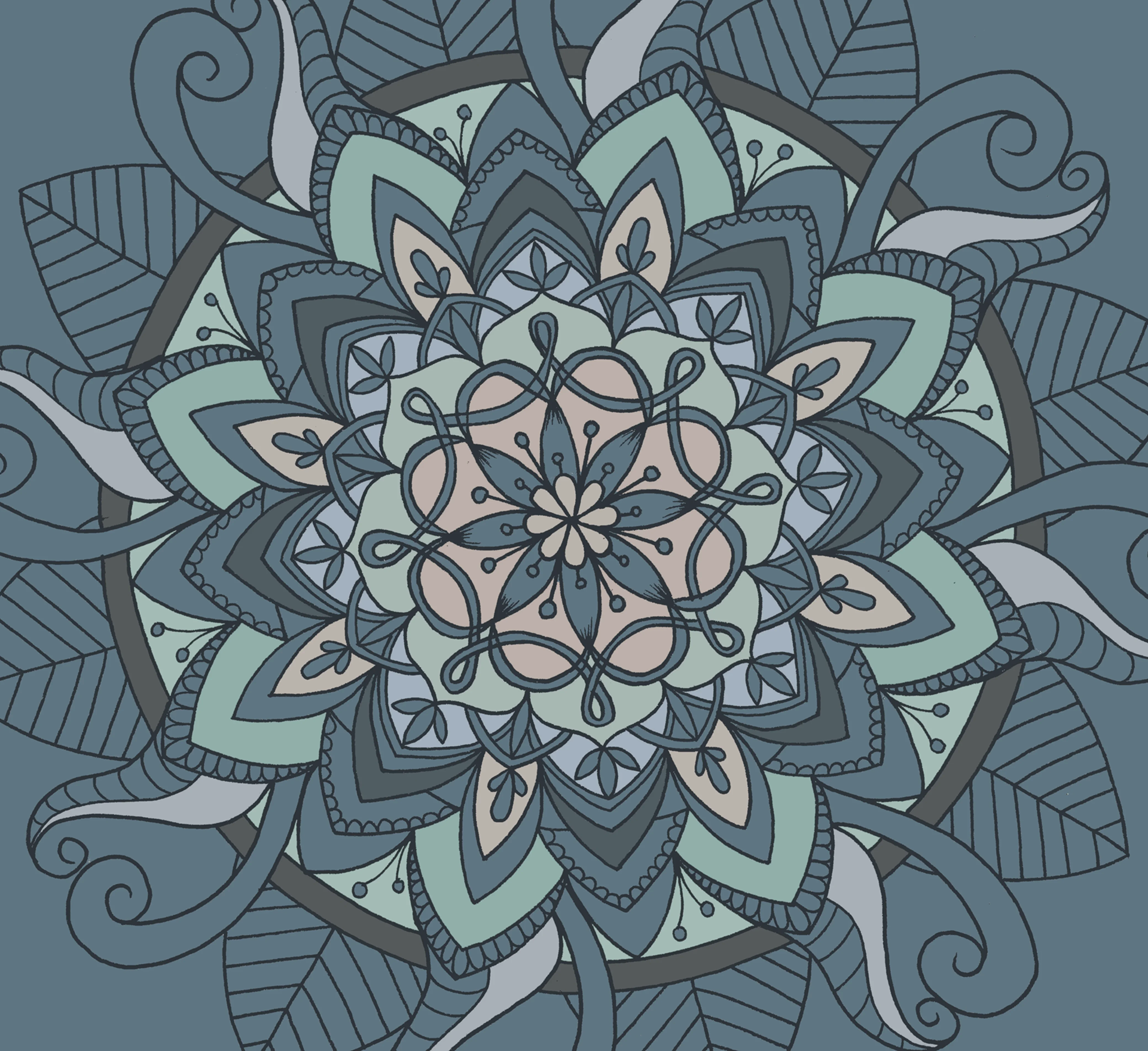 A cover photo of a mandala colored in greyish blue, green, and pink tones