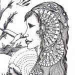 a drawing of a woman with birds decorated with mandala patterns