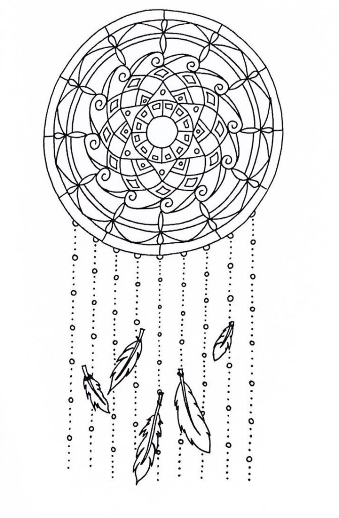 the drawing of a dreamcatcher mandala with feathers