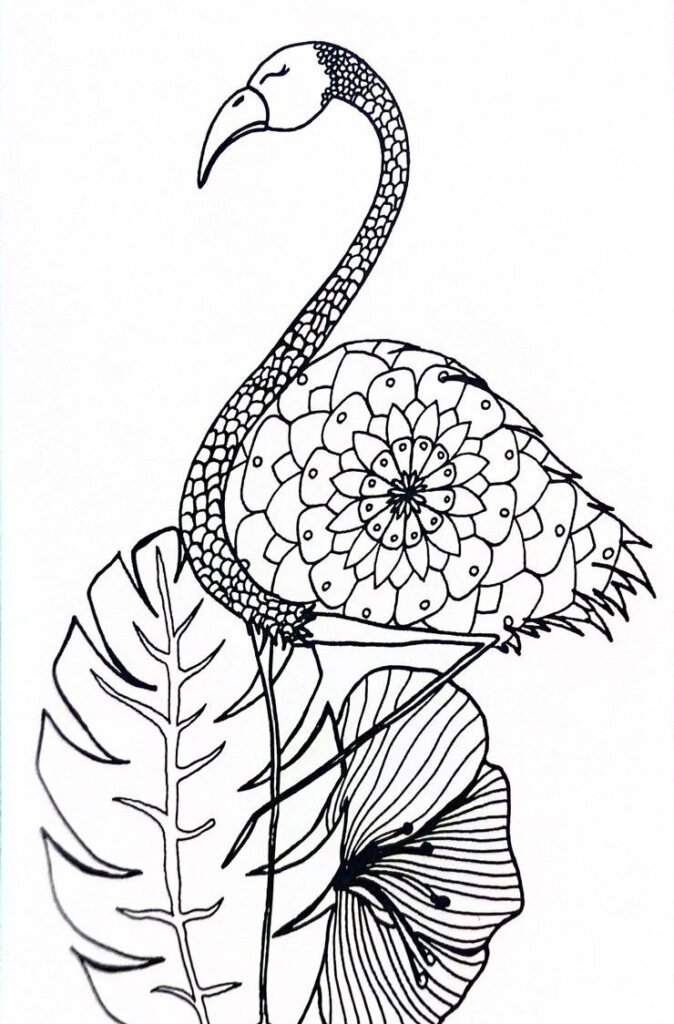 a coloring page of a flamingo mandala