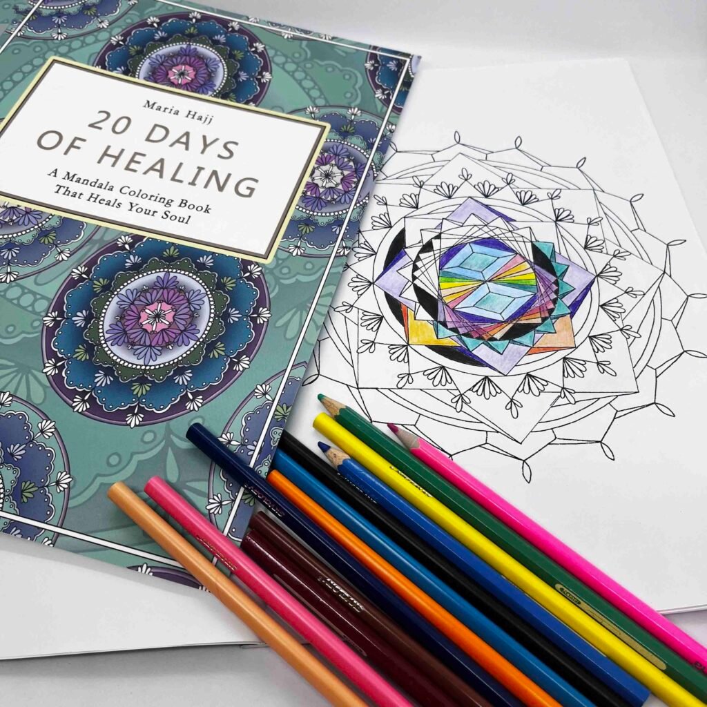 a colored mandala page from the 20 days of healing coloring book by maria hajj