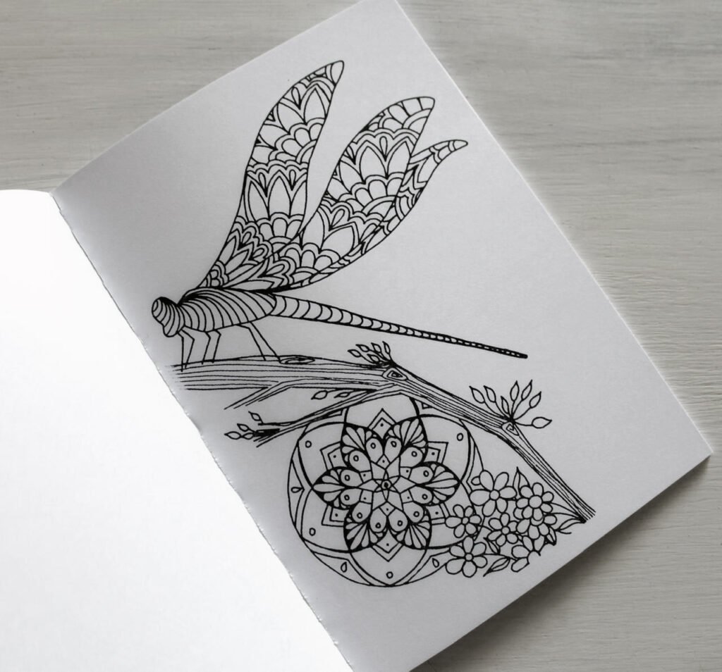 an open coloring book with the picture of a dragonfly mandala