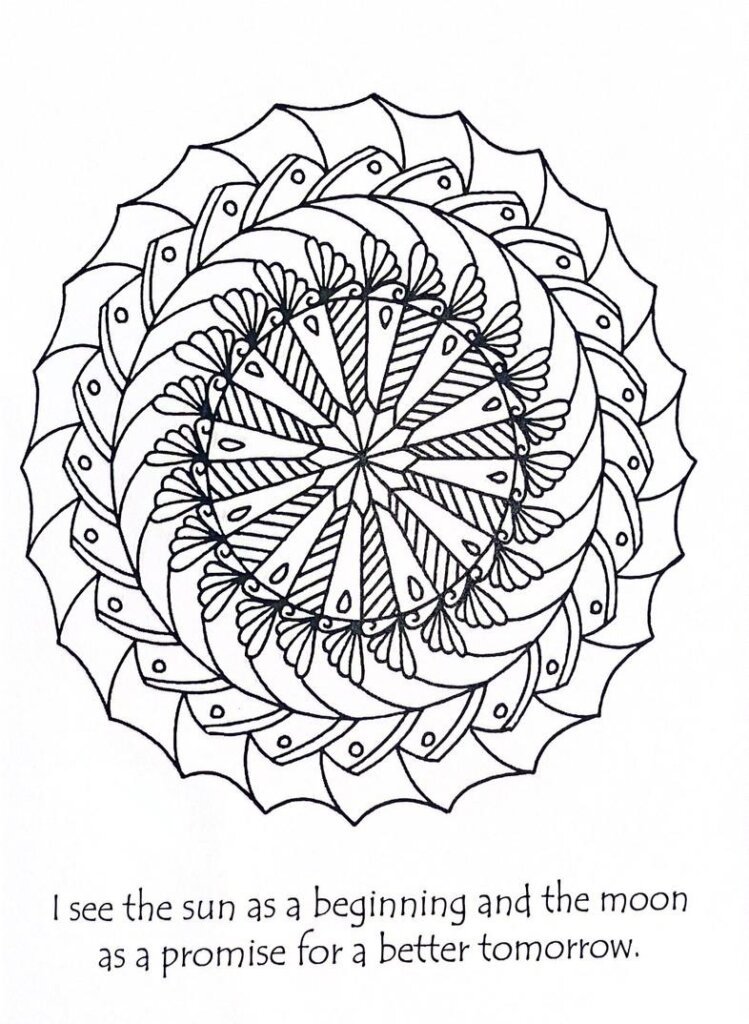 a mandala drawing with a positive quote below it