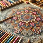 an image showing a mandala coloring table with coloring pencils around a mandala drawing