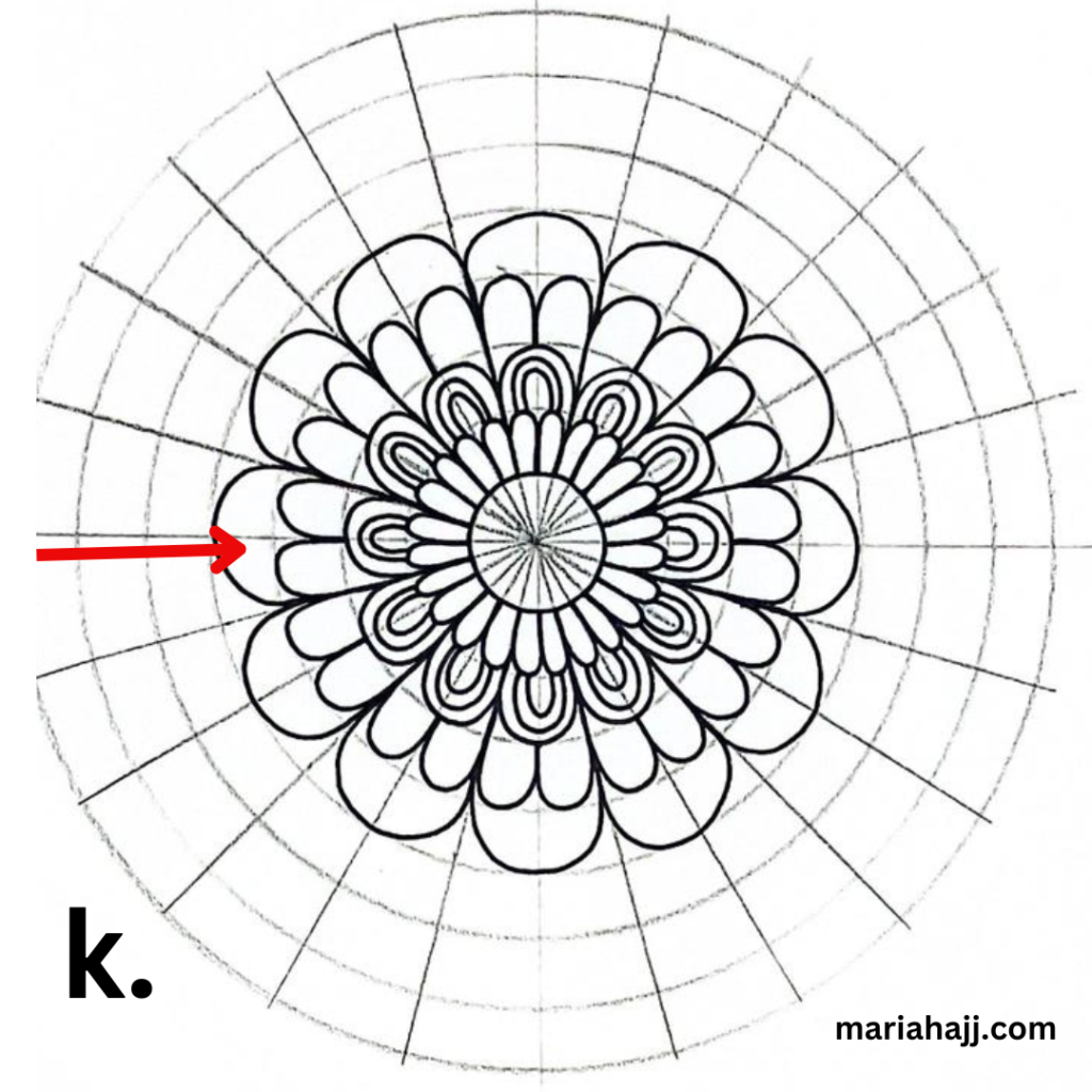 mandala grid with arcs and a red arrow