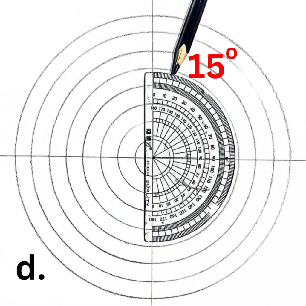 a mandala grid with a protractor in the center, a pencil and fifteen degrees written in red