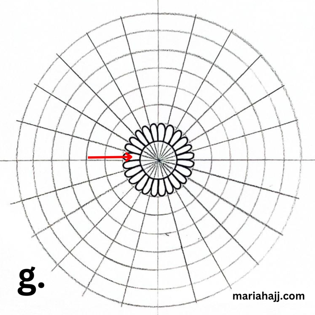 a mandala grid with petals in the center and a red arrow