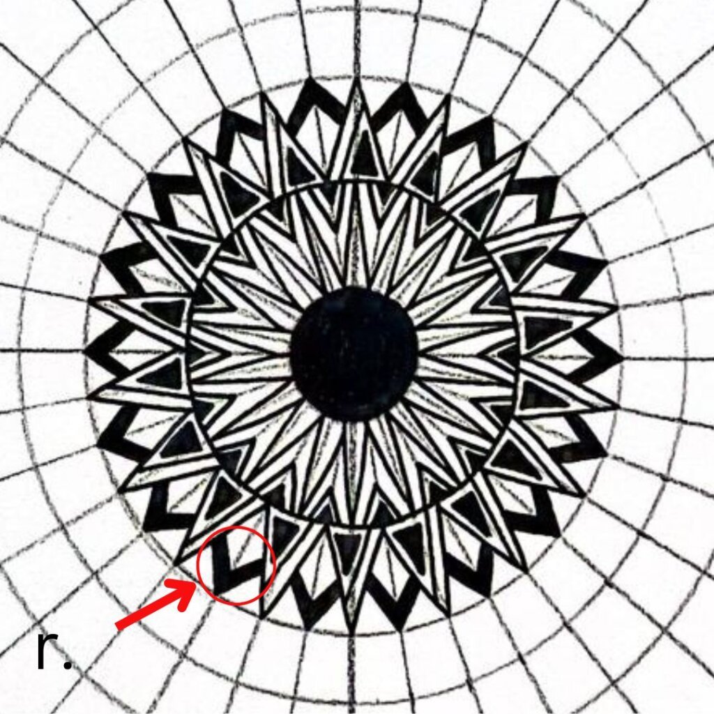 this image shows step (r) from a mandala drawing tutorial to creating a mandala with triangles