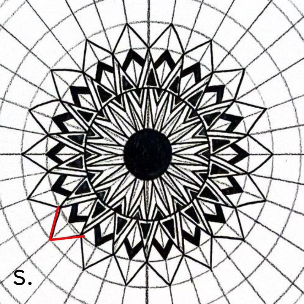 this image shows step (r) from a mandala drawing tutorial to creating a mandala with triangles