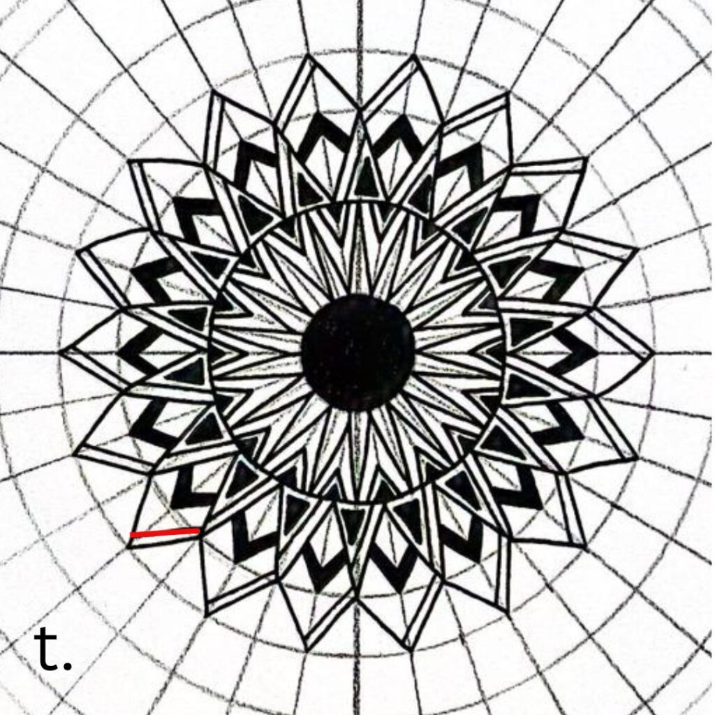 this image shows step t from a mandala drawing tutorial to creating a mandala with triangles