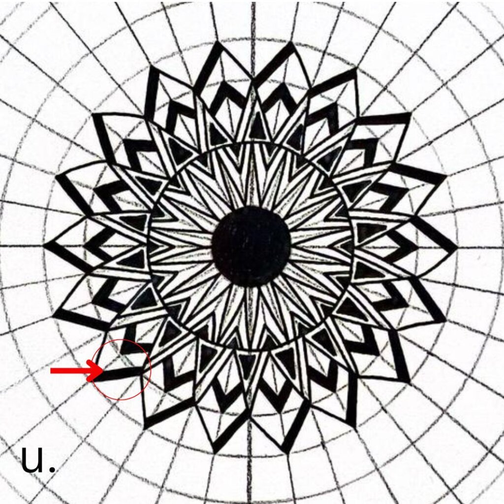 this image shows step (u) from a mandala drawing tutorial to creating a mandala with triangles