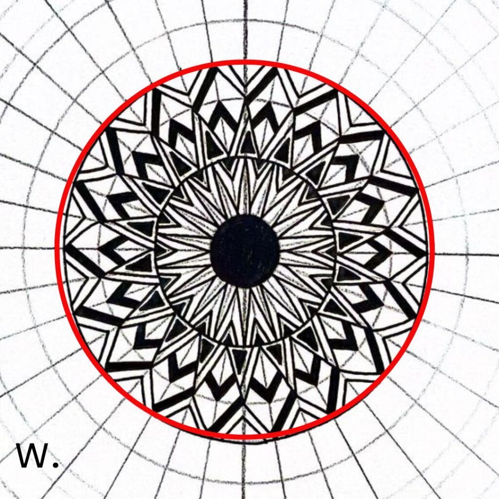 this image shows step (w) from a mandala drawing tutorial to creating a mandala with triangles