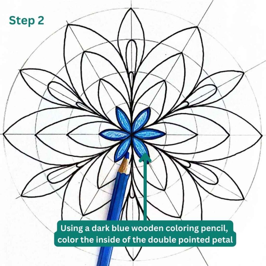 This image shows how to color a basic flower mandala