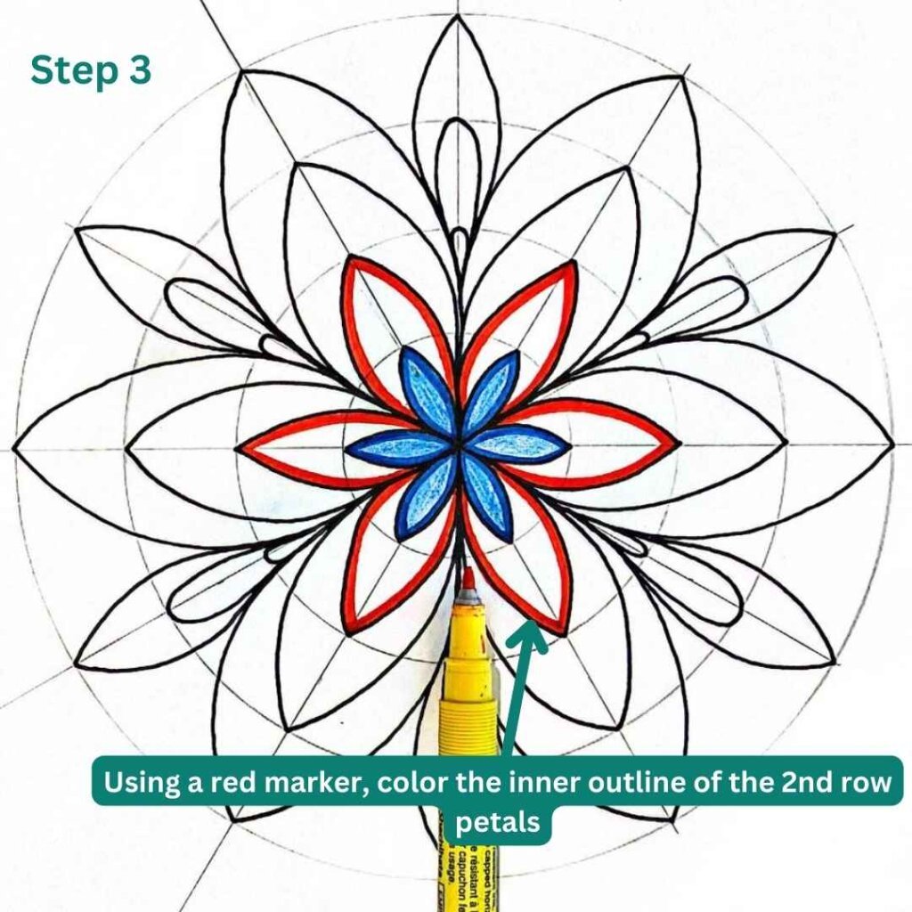 This image shows how to color a basic flower mandala