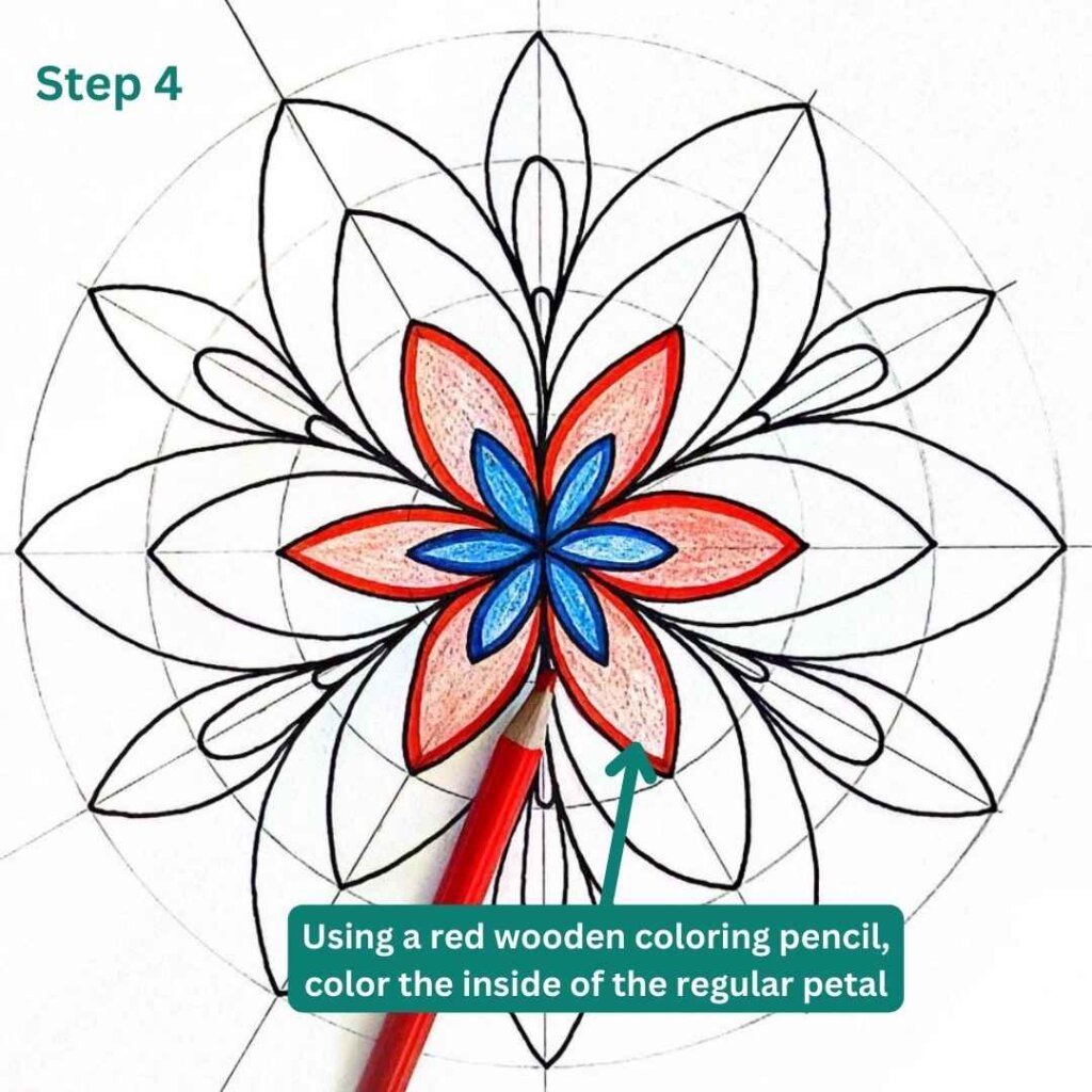 This image shows how to color a basic flower mandala