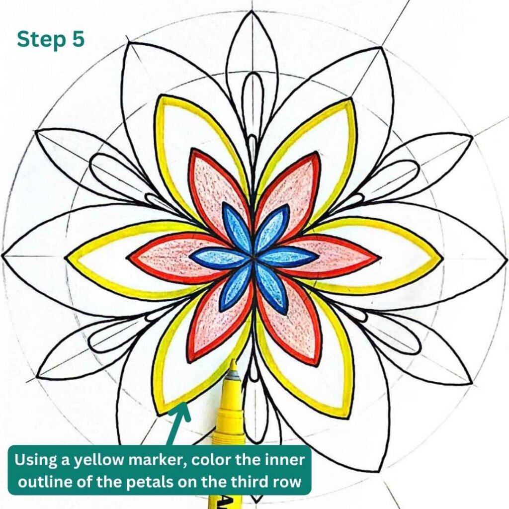 This image shows how to color a basic flower mandala