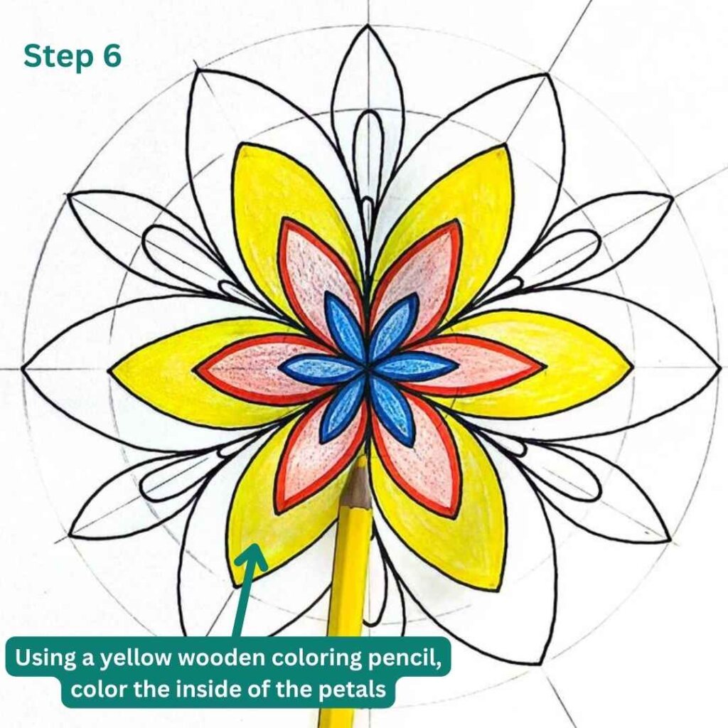 This image shows how to color a basic flower mandala