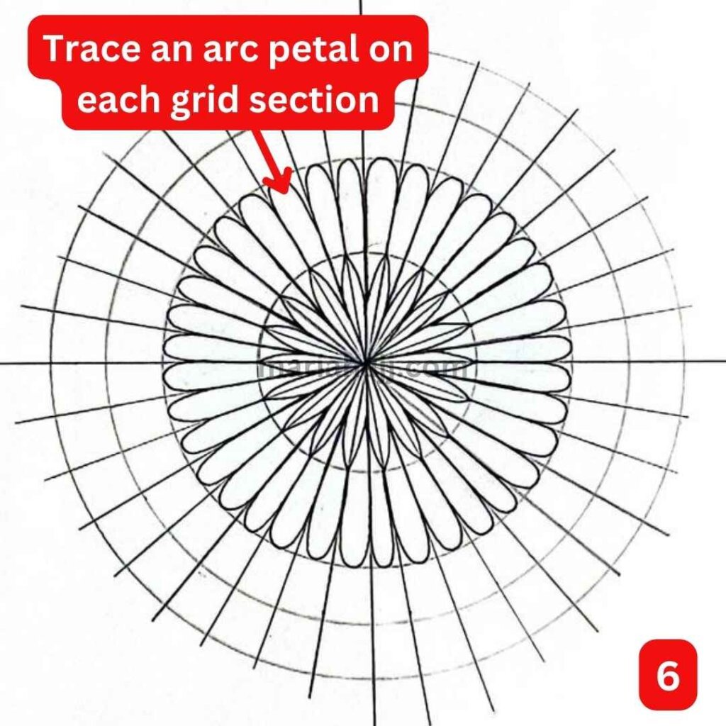 this is the image of a mandala grid with a basic mandala flower drawn in the center