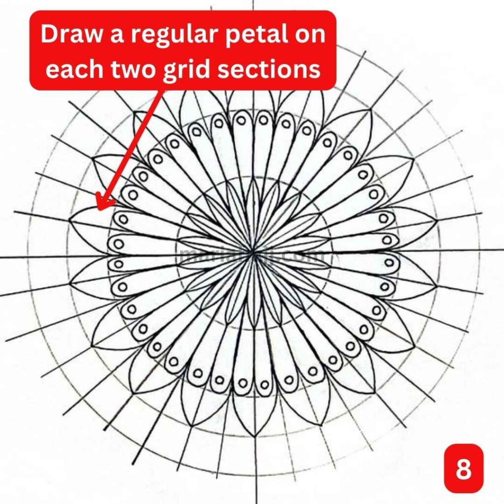 this is the image of a mandala grid, with a basic mandala flower drawn in the center