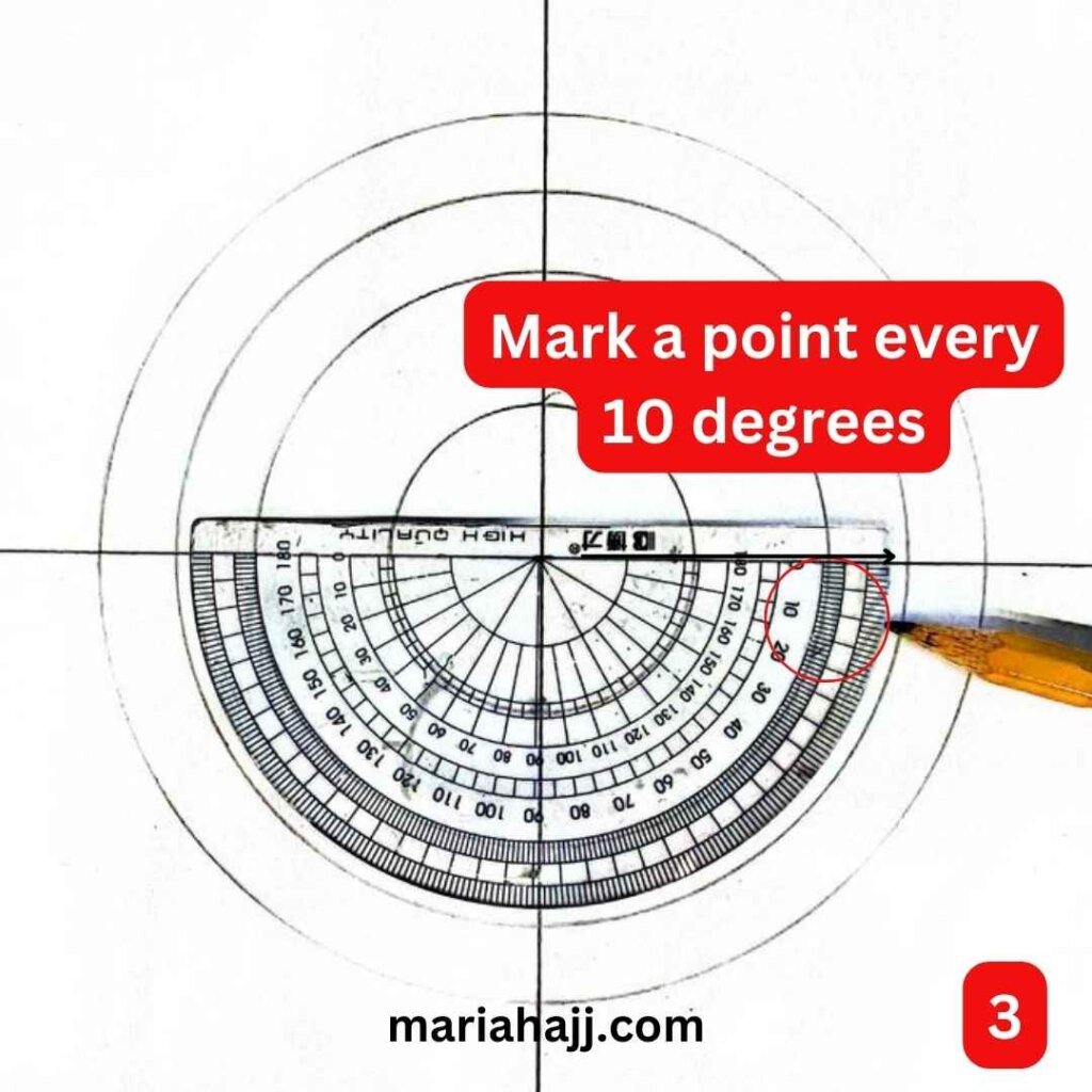 this is the image of a mandala grid with a protractor in the center and a pencil