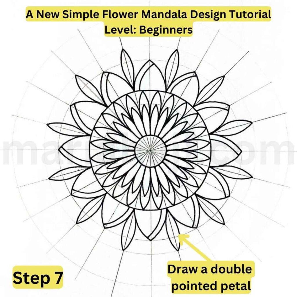 This is the image of a mandala grid with a text explaining how to draw a flower mandala design